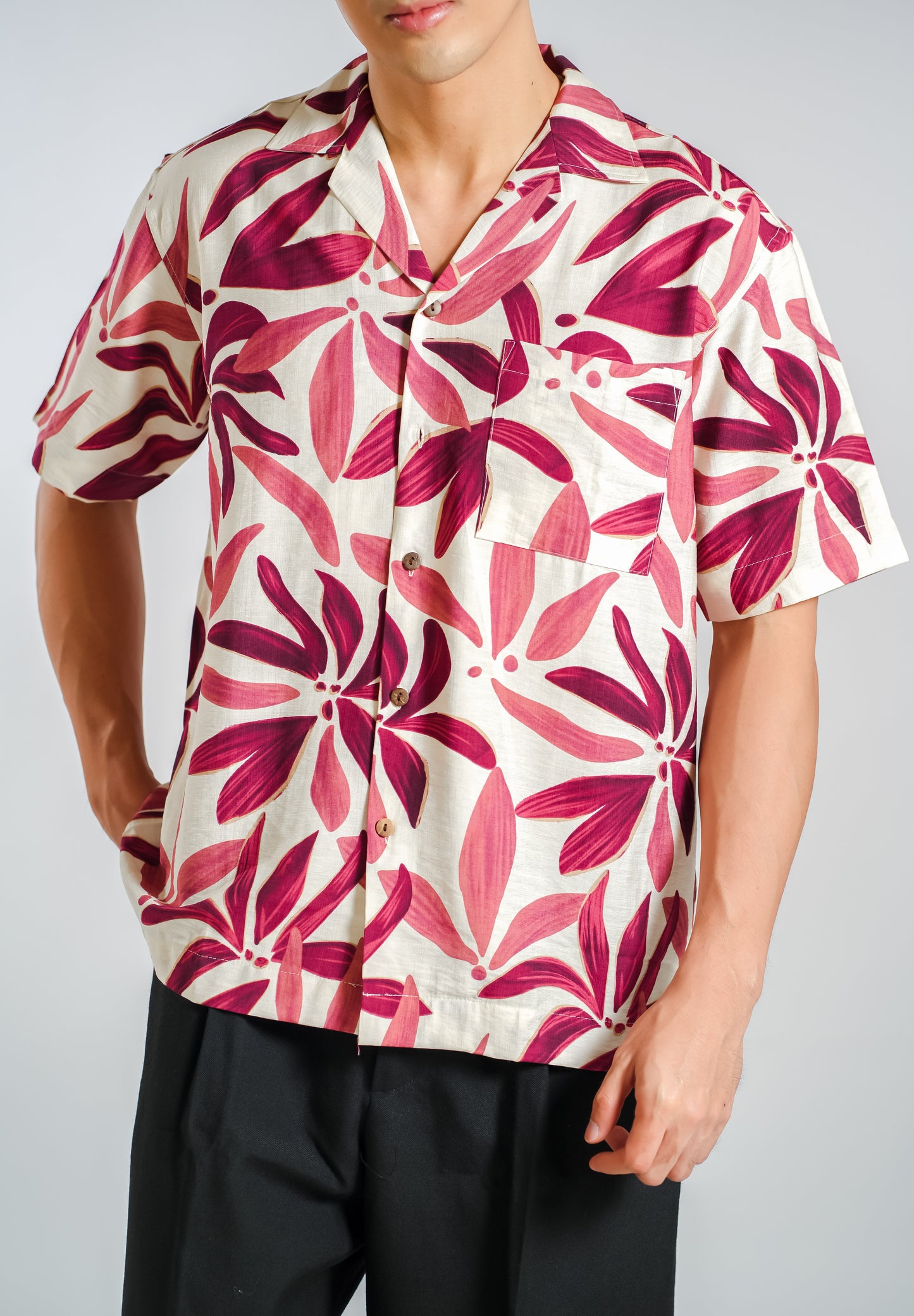 Tropical Floral Resort Shirt in Berry