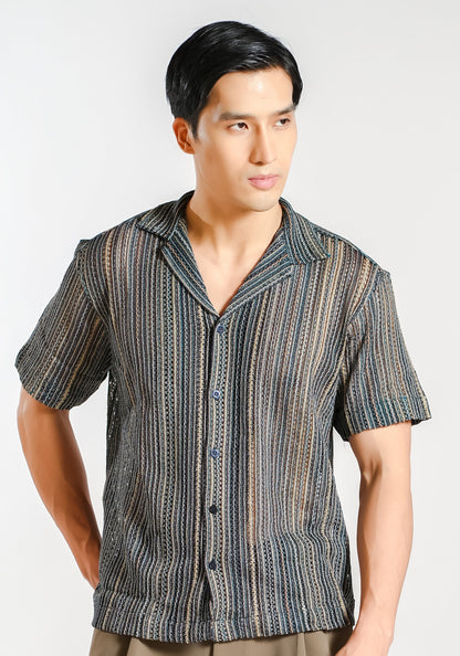 Vertical Textured Knit Resort Shirt in Ocean
