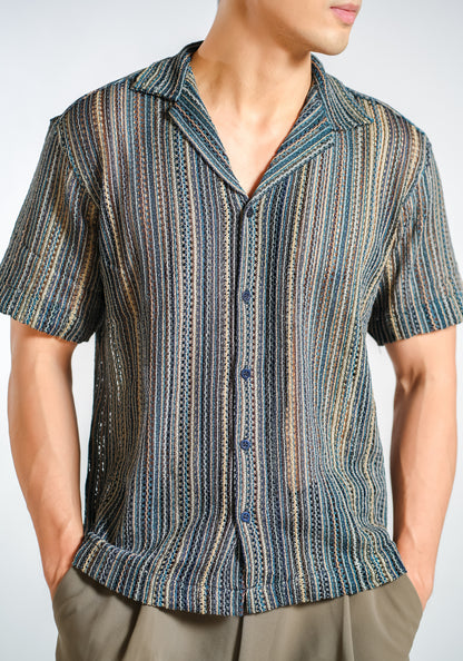 Vertical Textured Knit Resort Shirt in Ocean