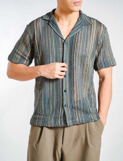 Vertical Textured Knit Resort Shirt in Ocean