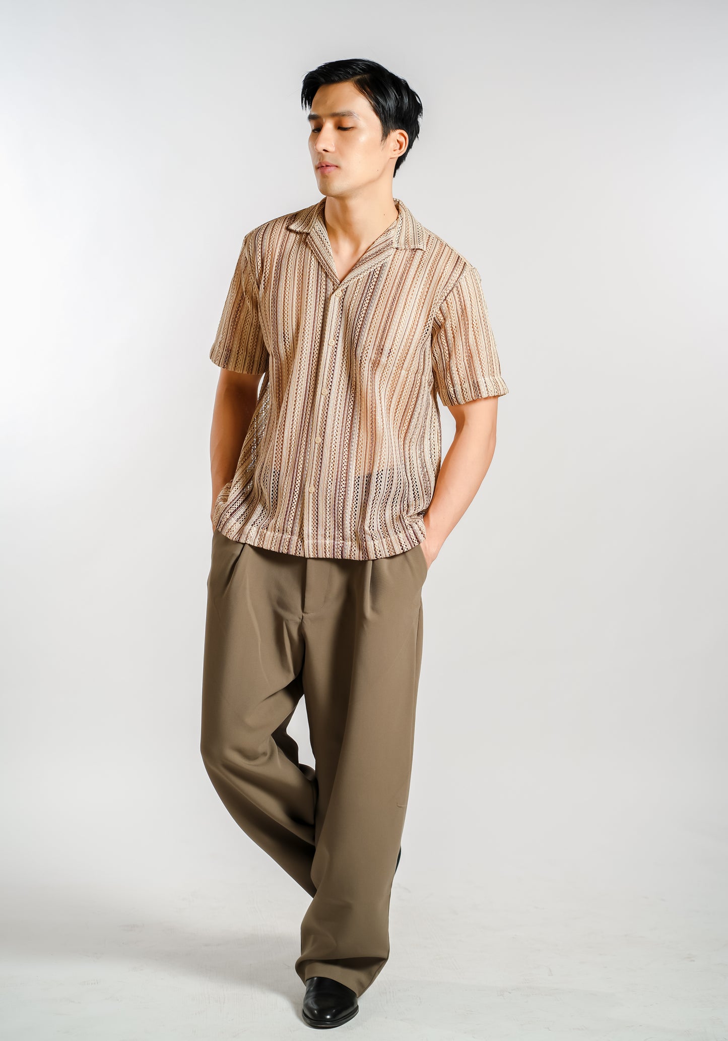 Vertical Textured Knit Resort Shirt in Sand