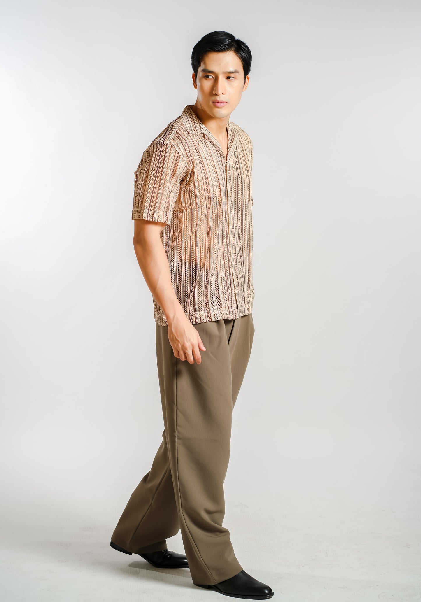 Vertical Textured Knit Resort Shirt in Sand
