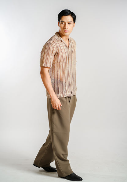 Vertical Textured Knit Resort Shirt in Sand