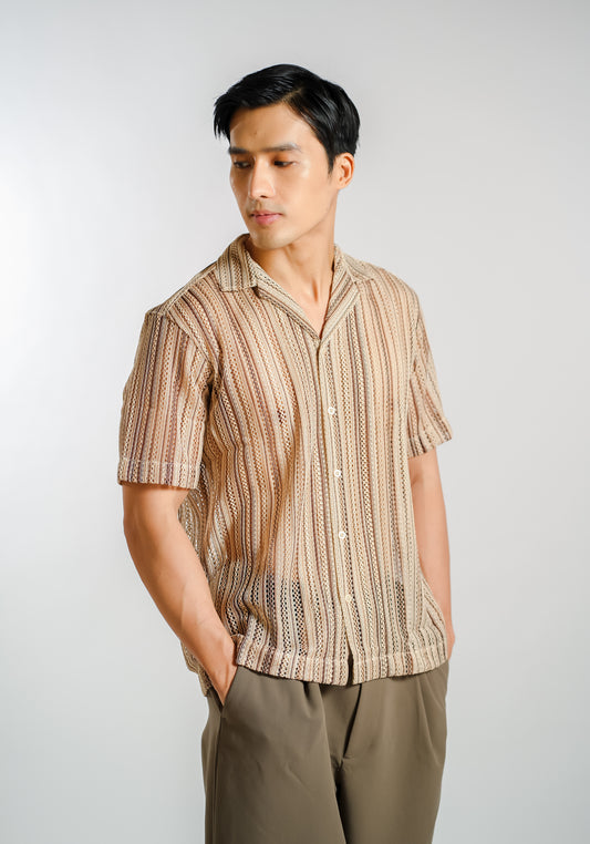 Vertical Textured Knit Resort Shirt in Sand