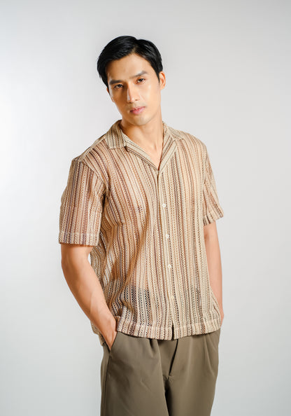 Vertical Textured Knit Resort Shirt in Sand