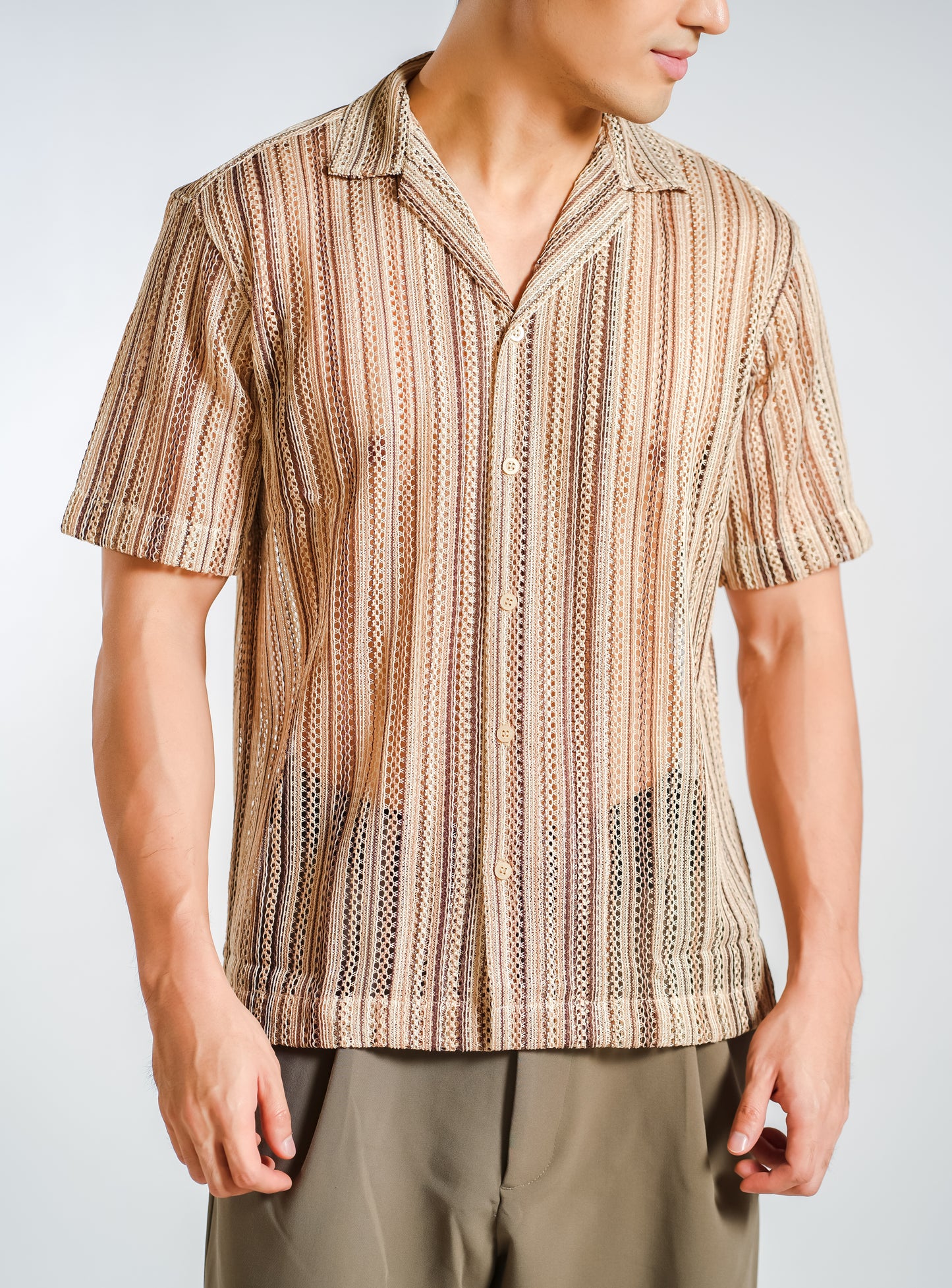 Vertical Textured Knit Resort Shirt in Sand
