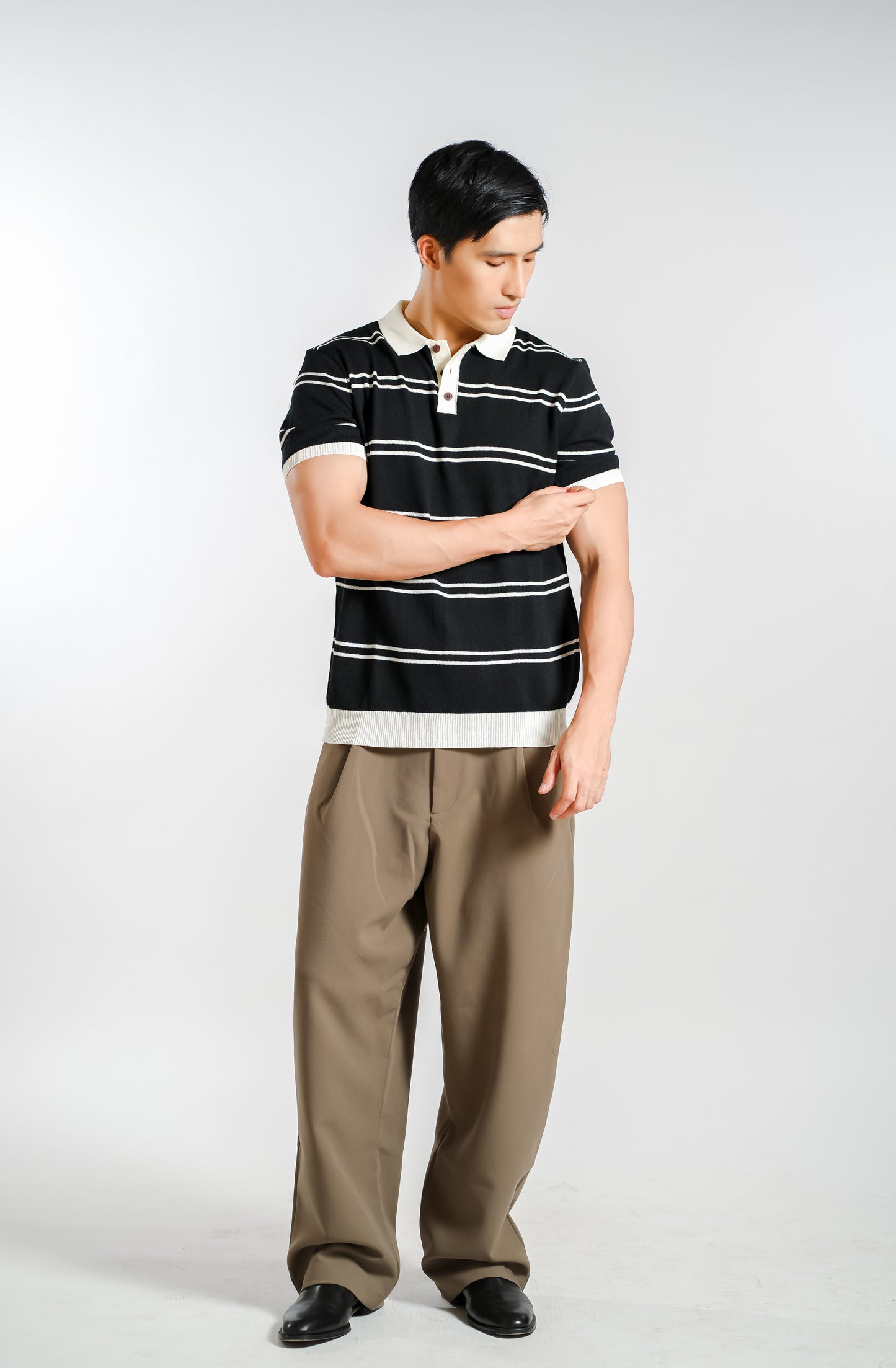 Fine Stripe Knitted Polo in Black