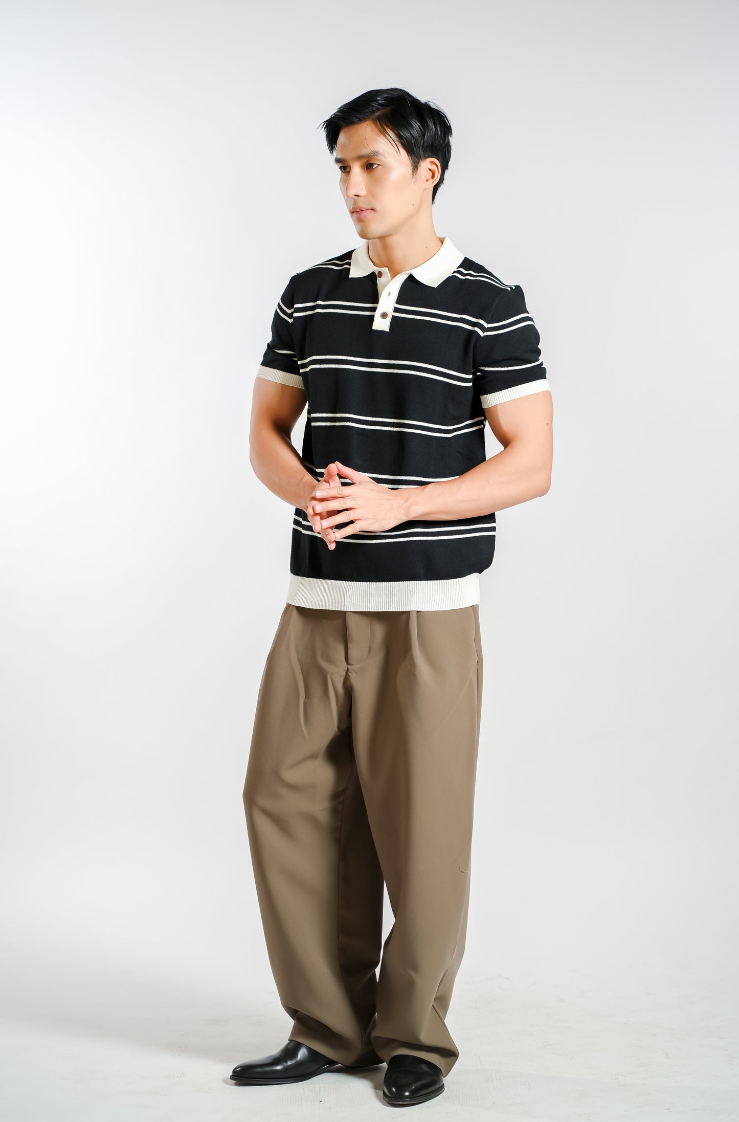 Fine Stripe Knitted Polo in Black