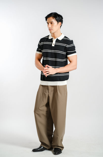 Fine Stripe Knitted Polo in Black