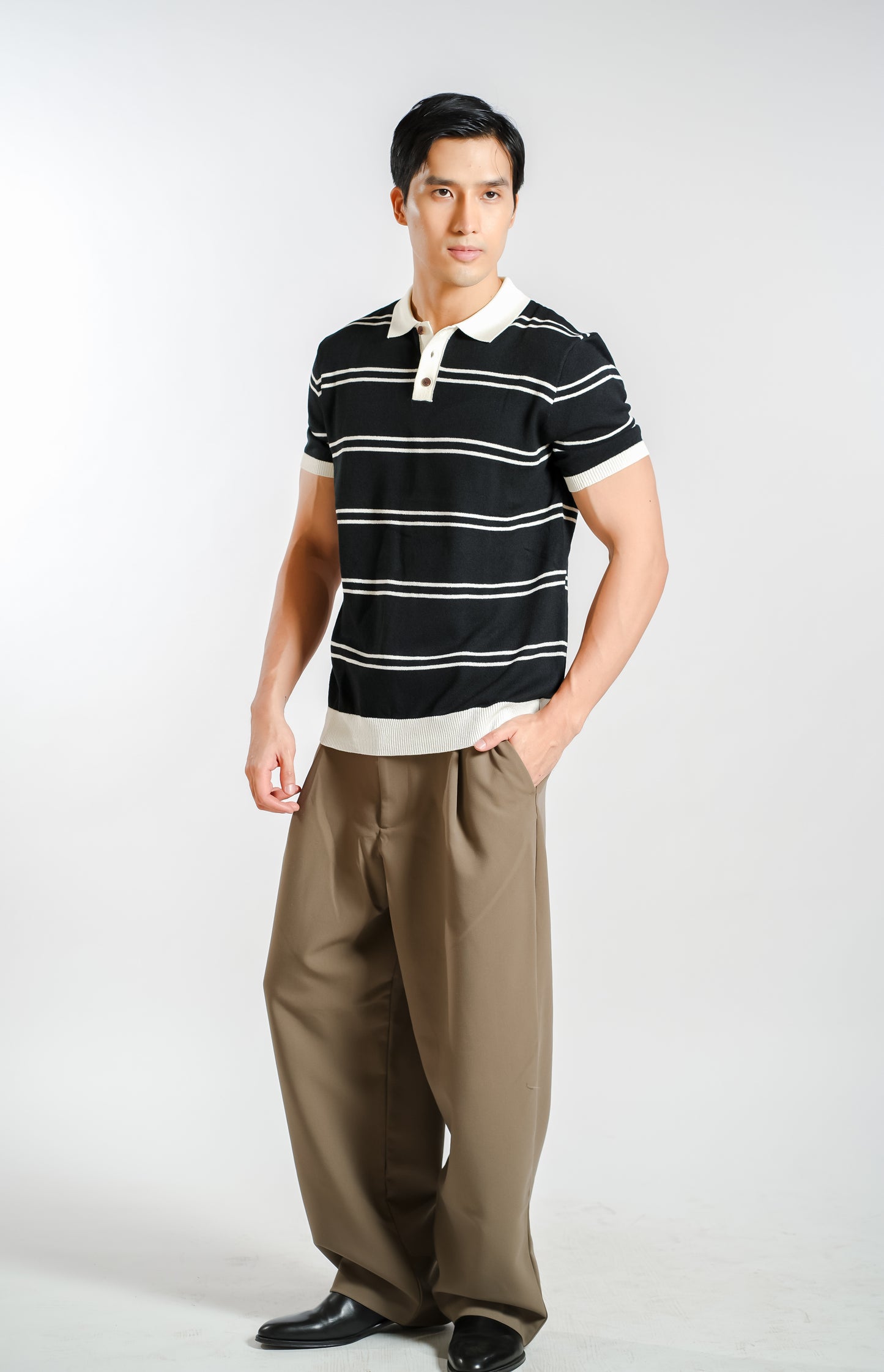 Fine Stripe Knitted Polo in Black
