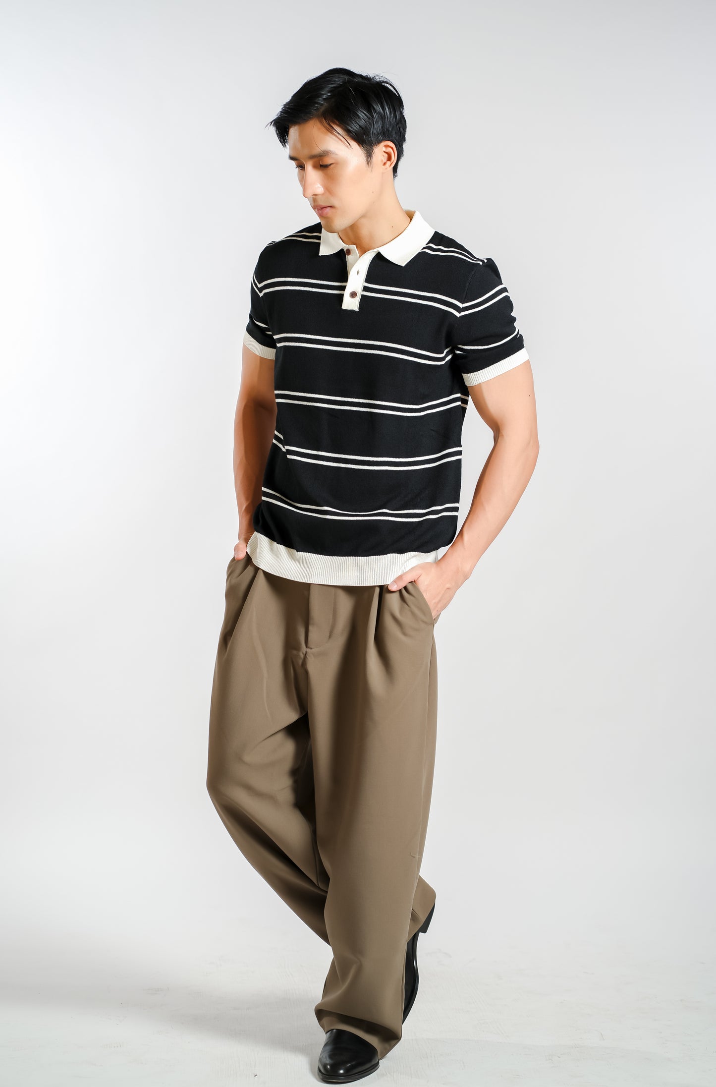 Fine Stripe Knitted Polo in Black