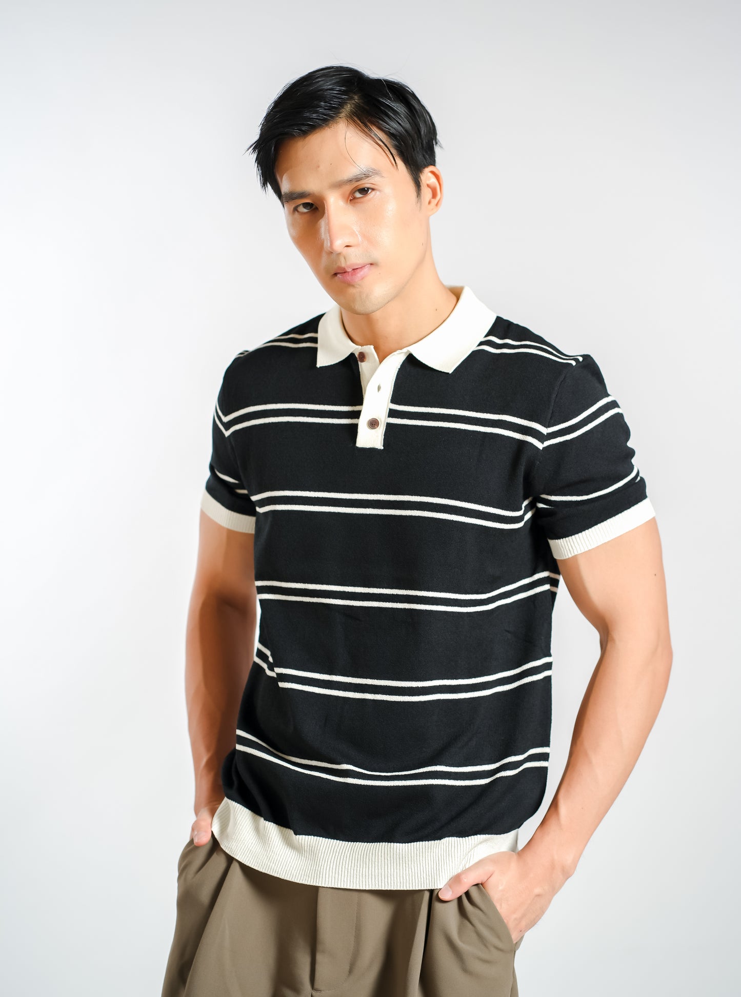 Fine Stripe Knitted Polo in Black