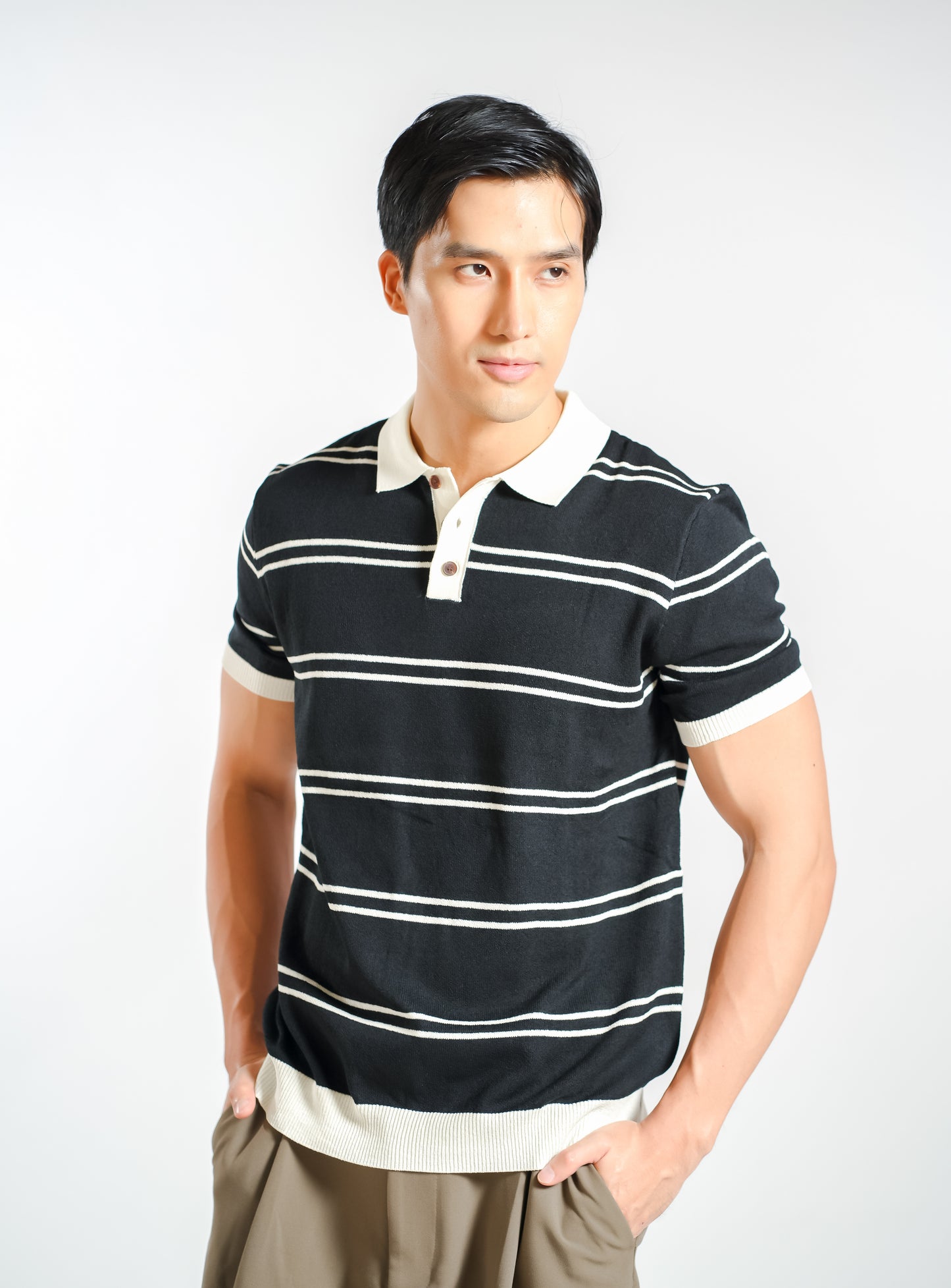 Fine Stripe Knitted Polo in Black