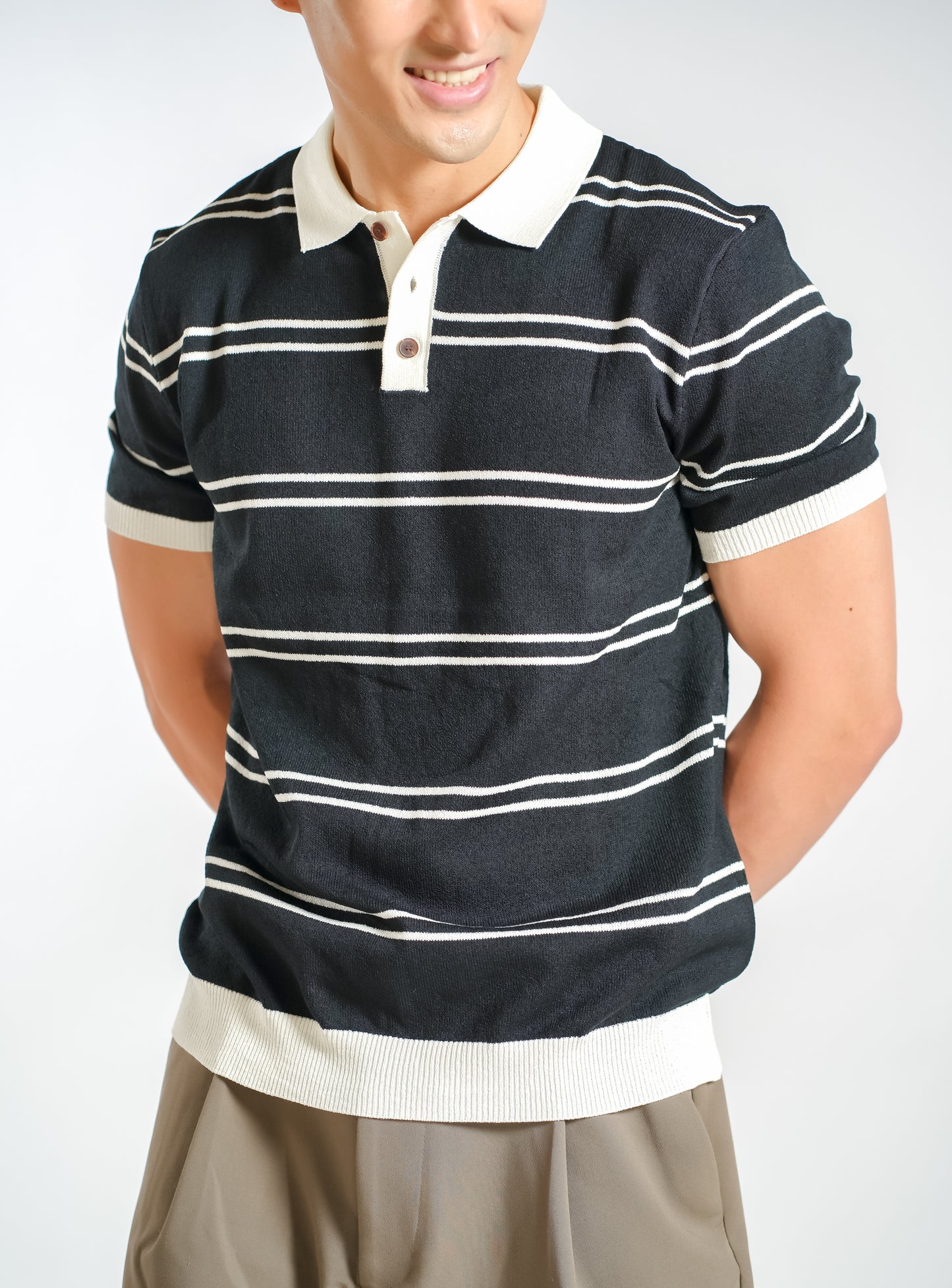 Fine Stripe Knitted Polo in Black