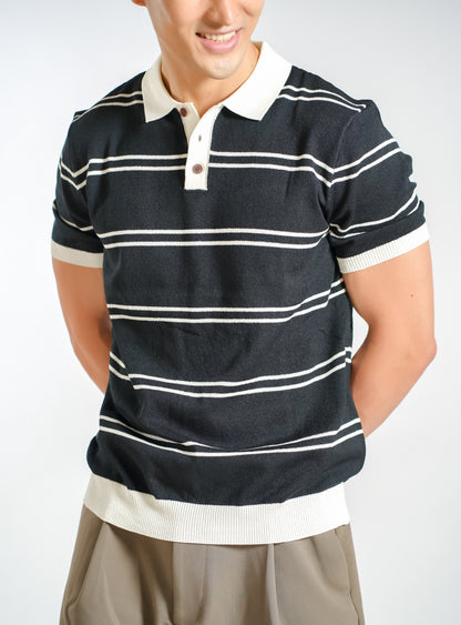 Fine Stripe Knitted Polo in Black