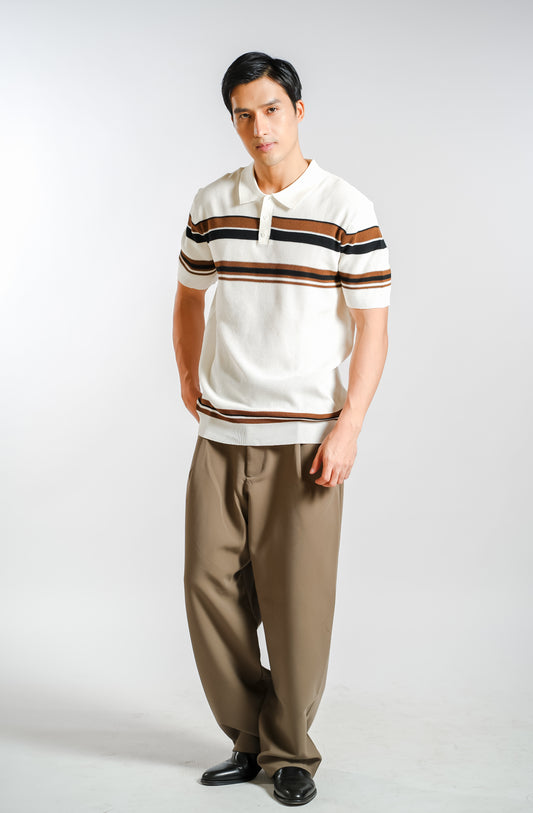 Chest Stripe Knitted Polo in Ivory