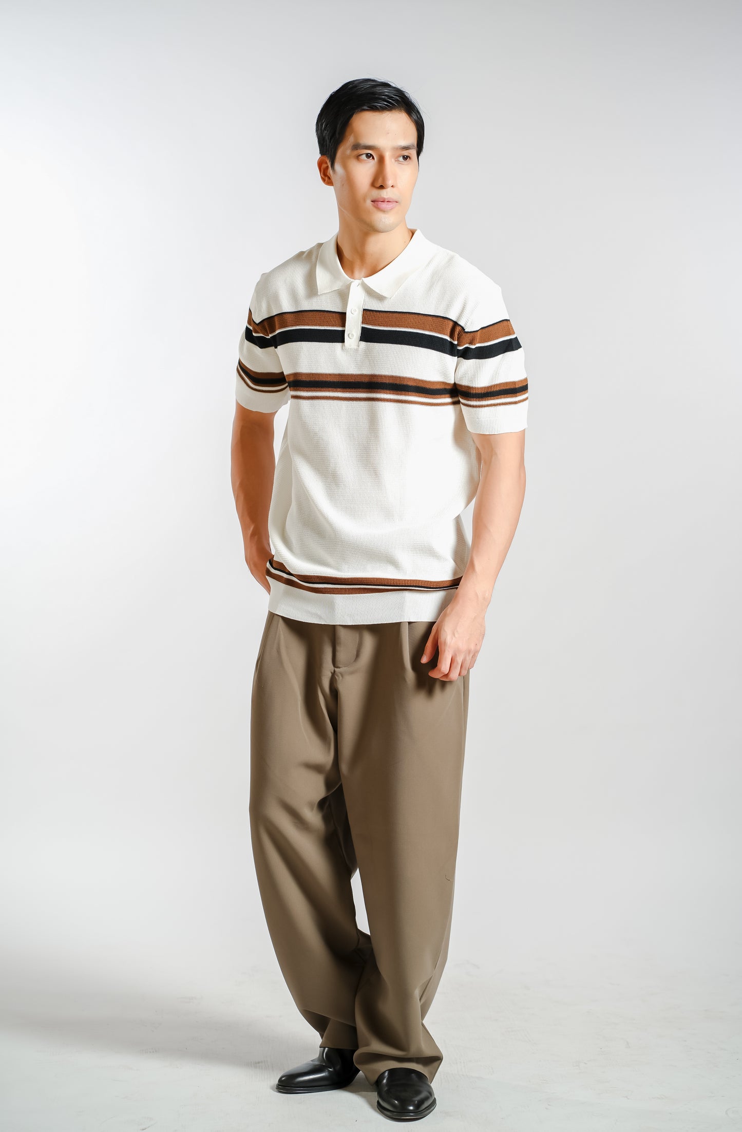 Chest Stripe Knitted Polo in Ivory