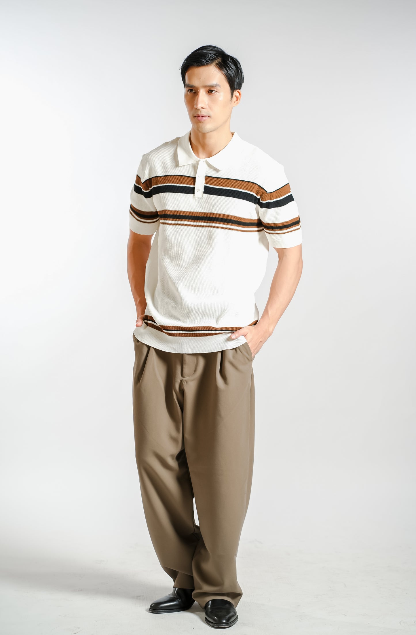 Chest Stripe Knitted Polo in Ivory
