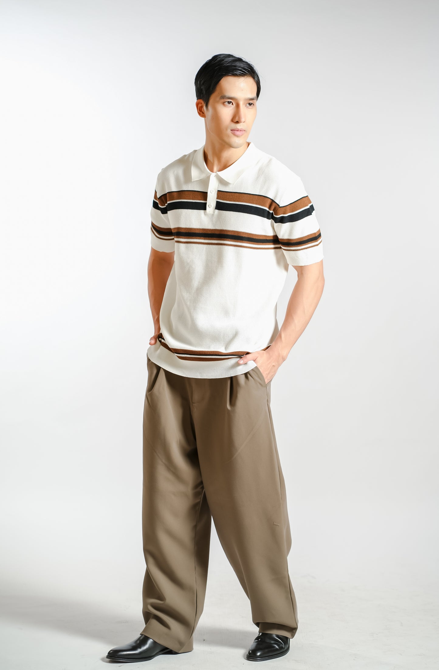 Chest Stripe Knitted Polo in Ivory