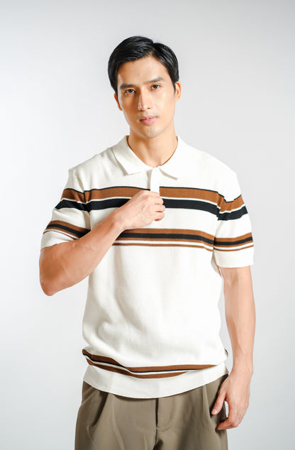 Chest Stripe Knitted Polo in Ivory