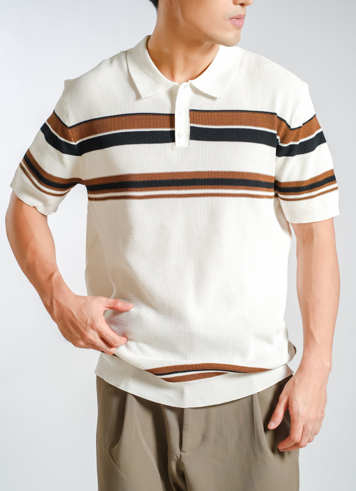 Chest Stripe Knitted Polo in Ivory