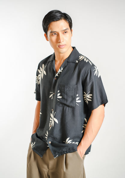 Palm Leaf Resort Shirt in Charcoal - Slim