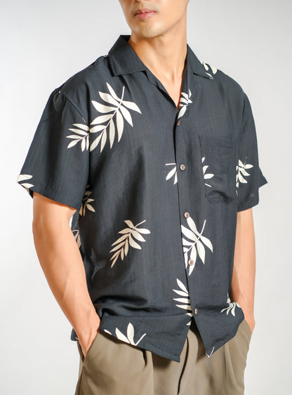 Palm Leaf Resort Shirt in Charcoal - Slim