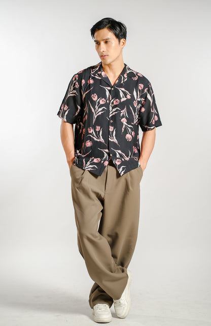 Tulip Print Resort Shirt in Charcoal