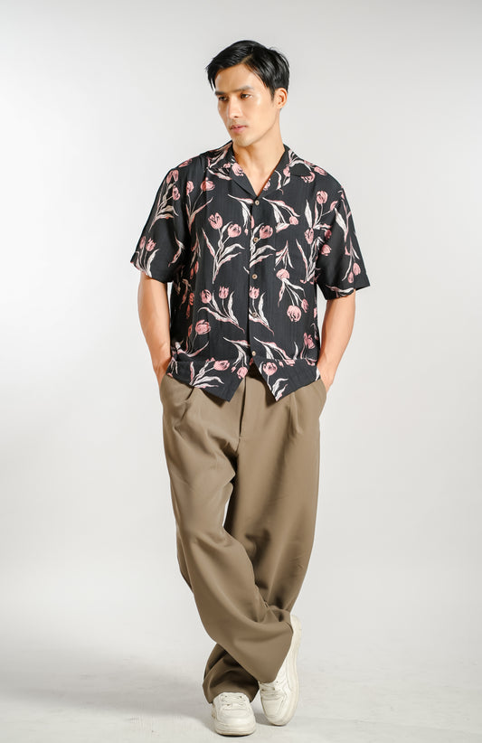 Tulip Print Resort Shirt in Charcoal