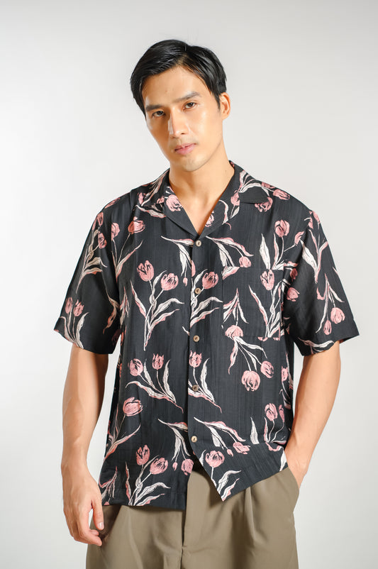 Tulip Print Resort Shirt in Charcoal