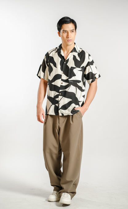 Monochrome Botanical Resort Shirt in Ivory - Slim