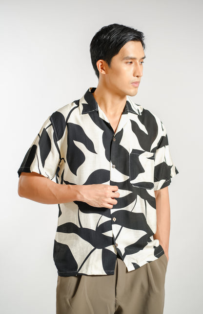 Monochrome Botanical Resort Shirt in Ivory - Slim
