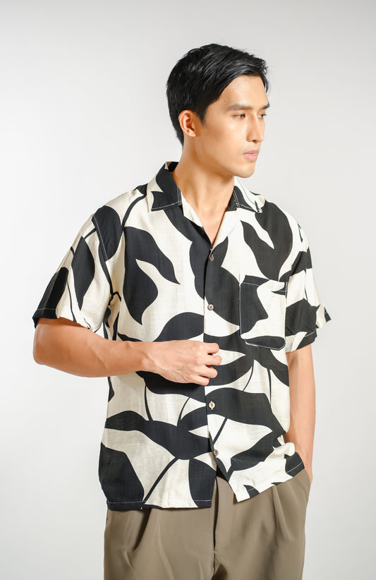 Monochrome Botanical Resort Shirt in Ivory - Slim