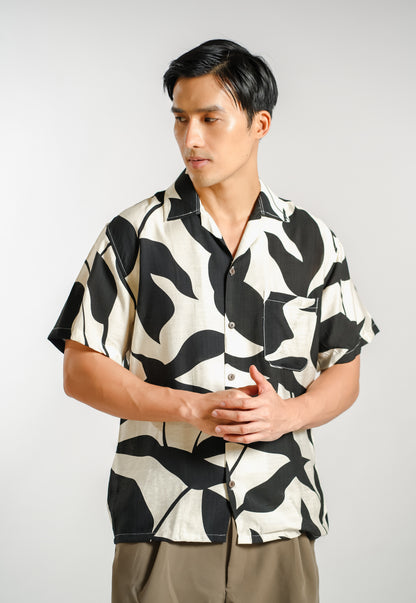 Monochrome Botanical Resort Shirt in Ivory - Slim