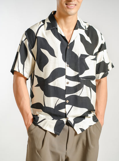Monochrome Botanical Resort Shirt in Ivory - Slim