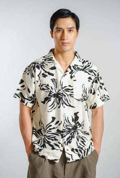 Sketch Floral Resort Shirt in Ivory - Slim