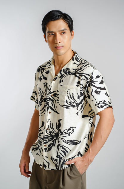 Sketch Floral Resort Shirt in Ivory - Slim