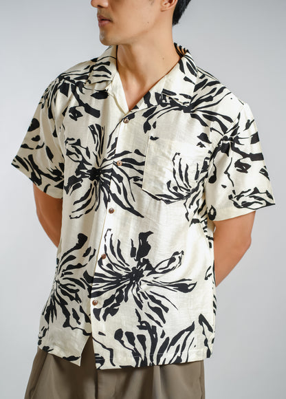 Sketch Floral Resort Shirt in Ivory - Slim