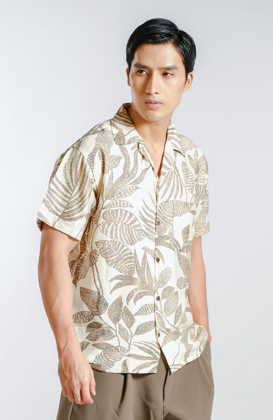 Tropical Botanical Resort Shirt in Sand - Slim