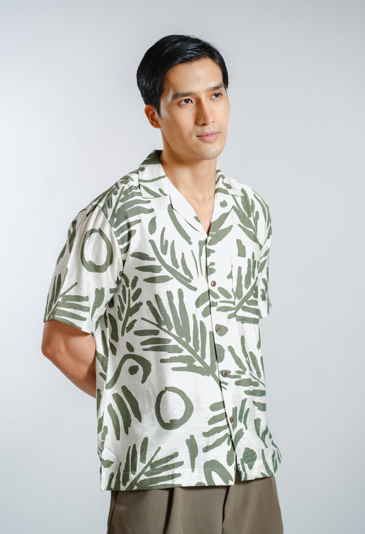 Tropical Brushstroke Resort Shirt in Olive