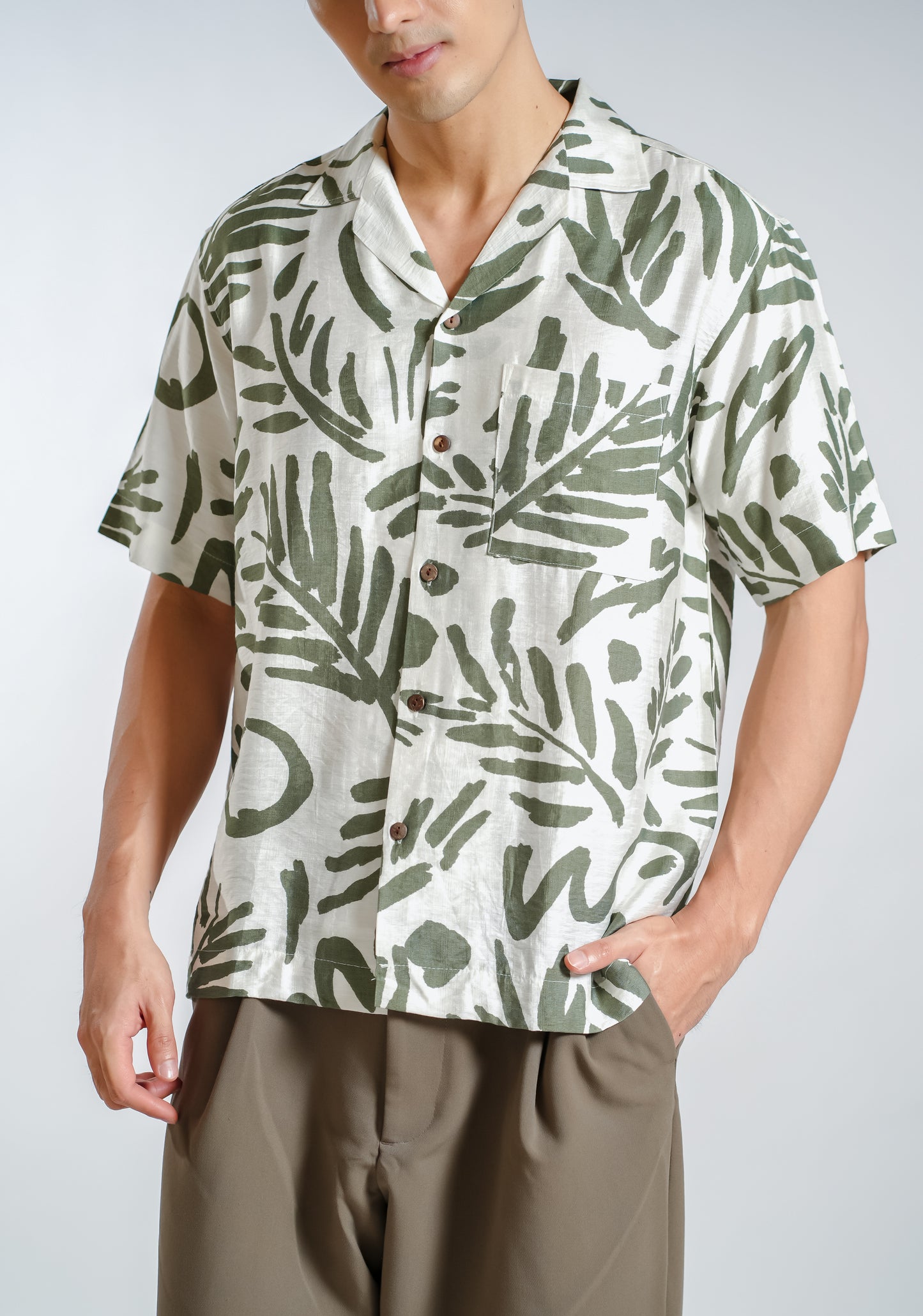 Tropical Brushstroke Resort Shirt in Olive
