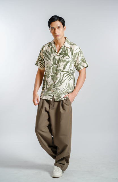 Tropical Foliage Resort Shirt in Olive - Slim