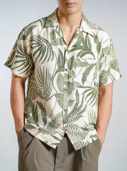 Tropical Foliage Resort Shirt in Olive - Slim