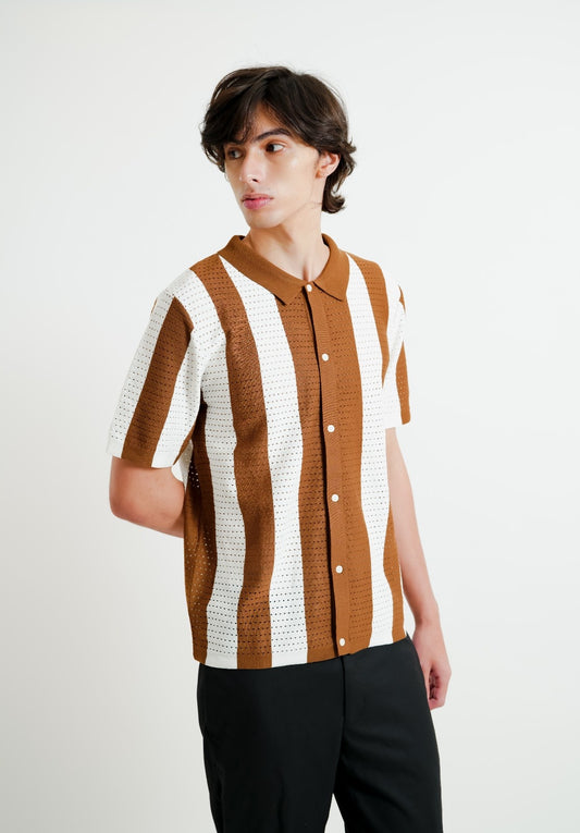 Brown & White Vertical Stripe Crochet Polo