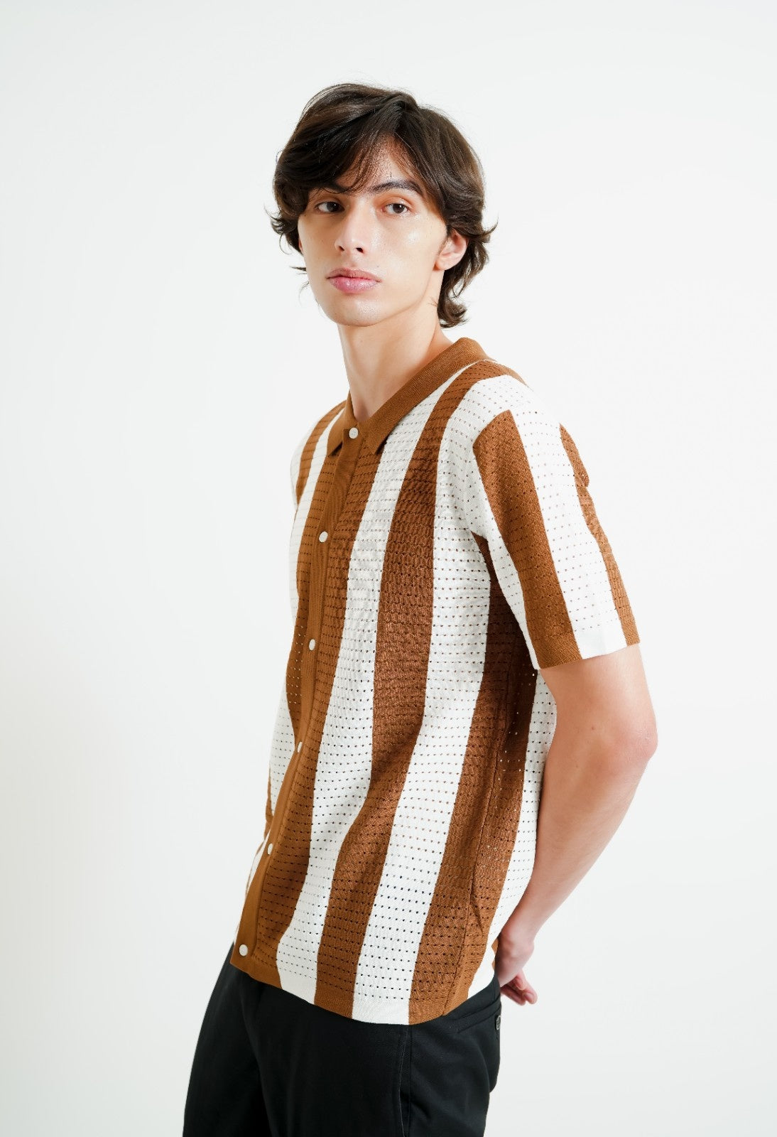 Brown & White Vertical Stripe Crochet Polo