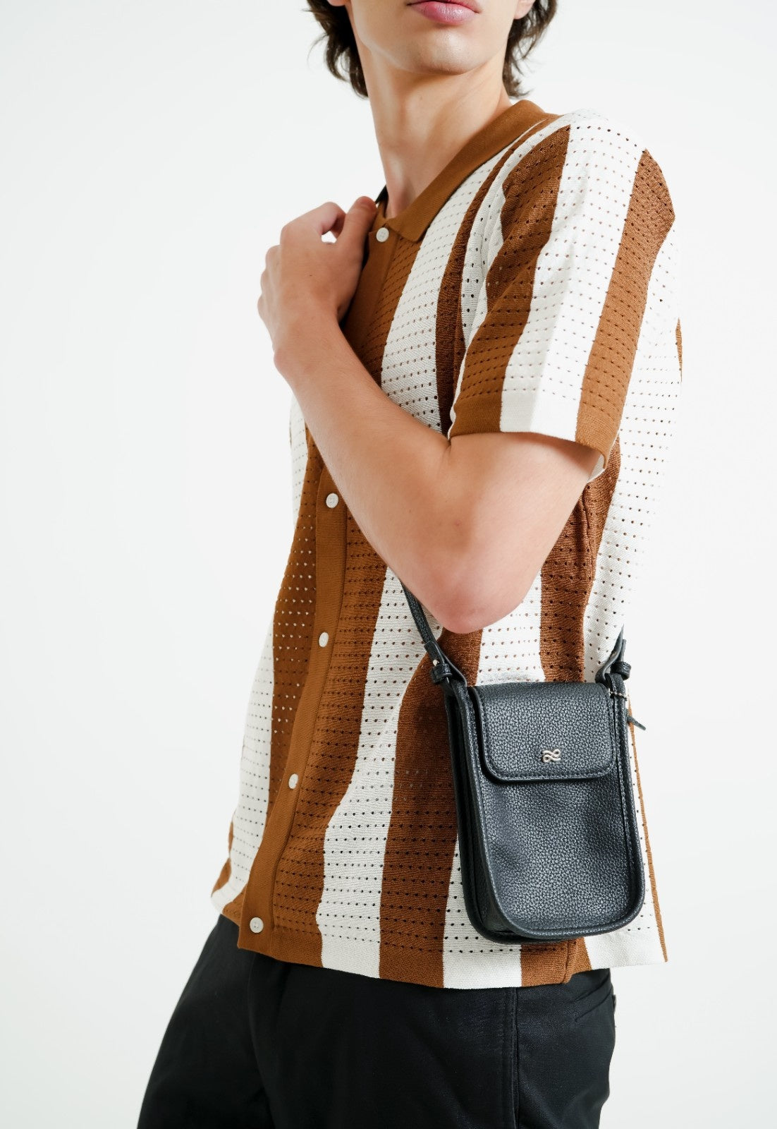 Brown & White Vertical Stripe Crochet Polo