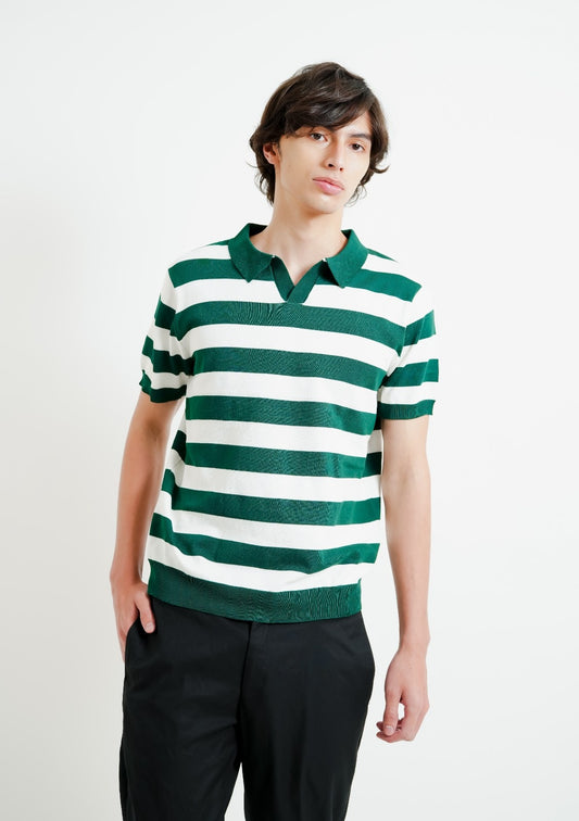 Green & White Bold Stripe Polo