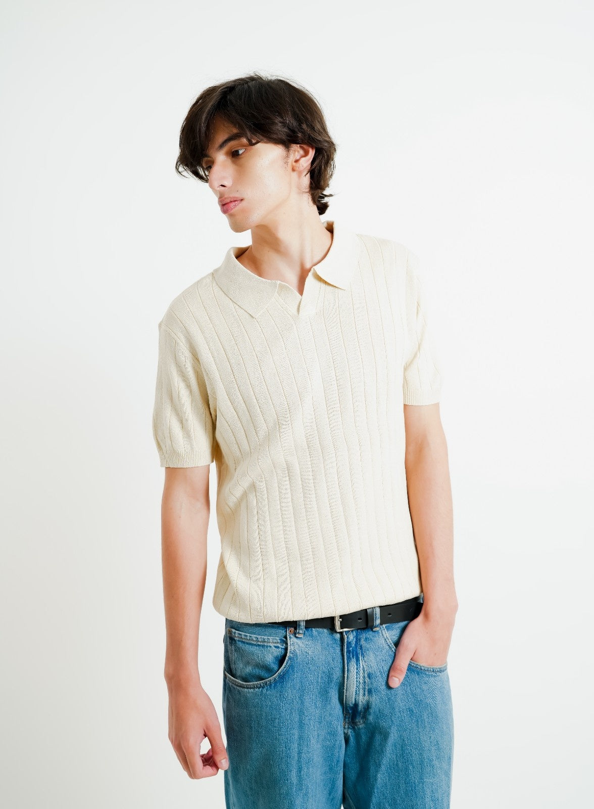 Beige Ribbed Knit Polo