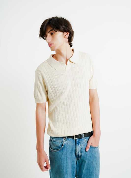 Beige Ribbed Knit Polo