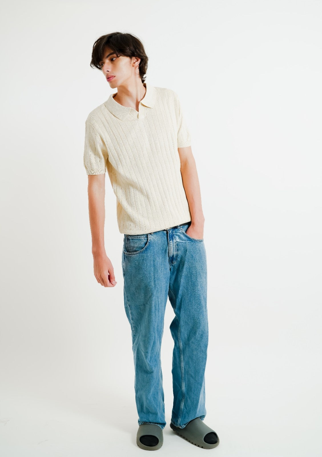 Beige Ribbed Knit Polo